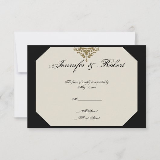 Ivoor Zwart en Goud Damask Wedding Response Kaart (Voorkant)