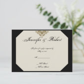 Ivoor Zwart en Goud Damask Wedding Response Kaart (Staand voorkant)