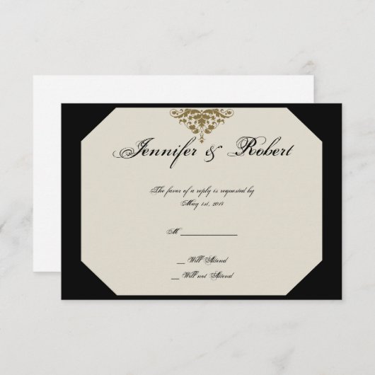 Ivoor Zwart en Goud Damask Wedding Response Kaart (Voorkant / Achterkant)