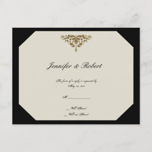 Ivoor Zwart en Goud Damask Wedding RSVP Briefkaart