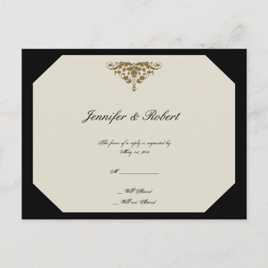 Ivoor Zwart en Goud Damask Wedding RSVP Briefkaart (Voorkant)