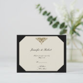Ivoor Zwart en Goud Damask Wedding RSVP Briefkaart (Staand voorkant)