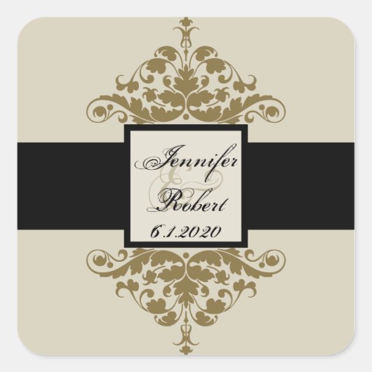 Ivoor Zwart en Goud Damast Bruiloft Envelop Afdich Vierkante Sticker (Voorkant)