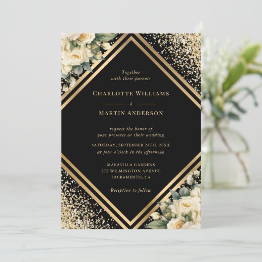 Ivoor Zwart Goud Confetti Geometrische Bloemen Huw Kaart (Staand voorkant)