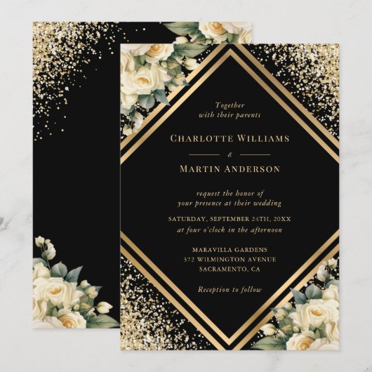 Ivoor Zwart Goud Confetti Geometrische Bloemen Huw Kaart (Voorkant / Achterkant)
