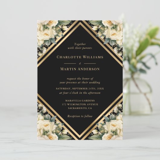Ivoor Zwart Goud Geometrische Bloemen Huwelijk Kaart (Staand voorkant)