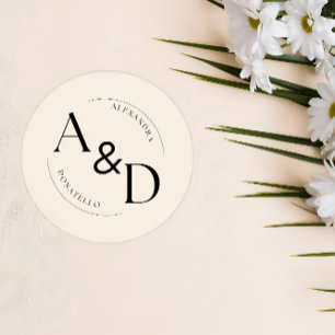 Ivoor zwart minimalistisch monogram bruiloft ronde sticker