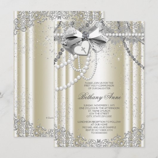 Ivoorbeige parel kruis eerste communie kaart (Voorkant / Achterkant)