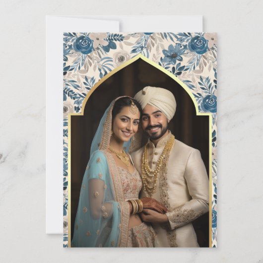 Ivoorblauw Bloemen Foto Anand Karaj Sikh Bruiloft Kaart (Achterkant)