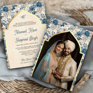 Ivoorblauw Bloemen Foto Anand Karaj Sikh Bruiloft Kaart