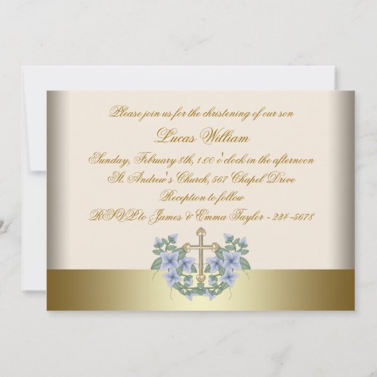 Ivoorblauw goud baby jongen foto doop uitnodiging (Achterkant)