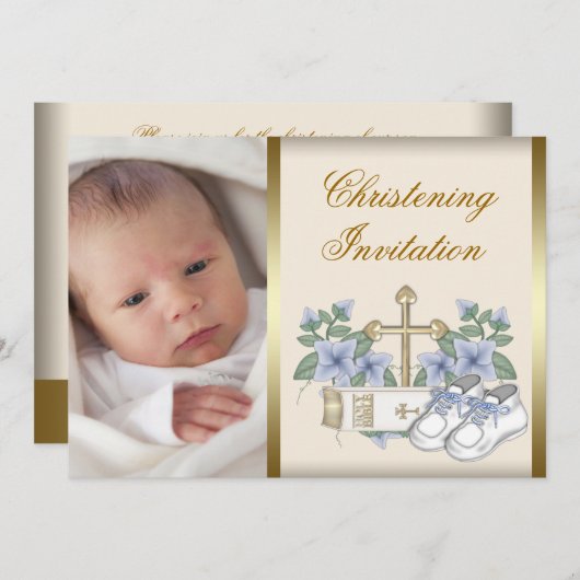 Ivoorblauw goud baby jongen foto doop uitnodiging (Voorkant / Achterkant)
