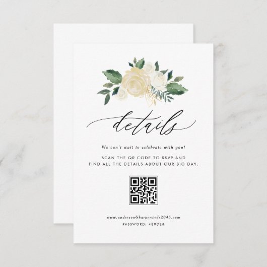 Ivoorbloemen en groen QR Code Trouwdetails Informatiekaartje (Voorkant / Achterkant)