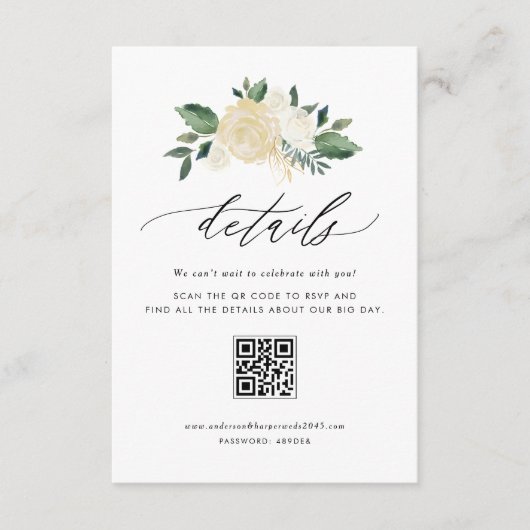 Ivoorbloemen en groen QR Code Trouwdetails Informatiekaartje (Voorkant)