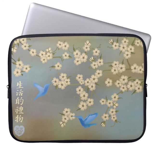 Ivoorbloesem blauwe vogels "Geschenk van het leven Laptop Sleeve (Voorkant)