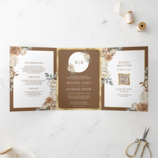 Ivoorbruin beige bloemengoud alles in één bruiloft drieluik uitnodiging (Binnen)