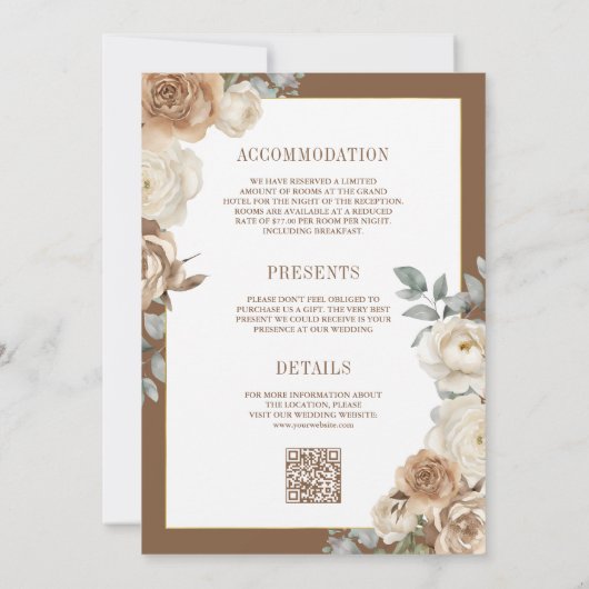 Ivoorbruin beige bloemengoud alles in één bruiloft kaart (Achterkant)