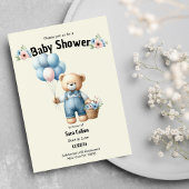 Ivoorbruine teddybeer ballonnen bloem Baby shower Kaart
