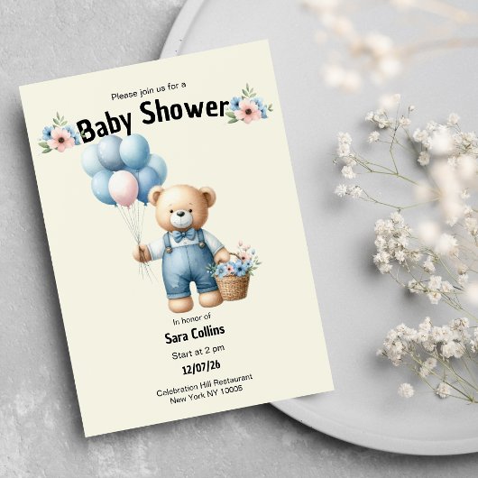 Ivoorbruine teddybeer ballonnen bloem Baby shower Kaart