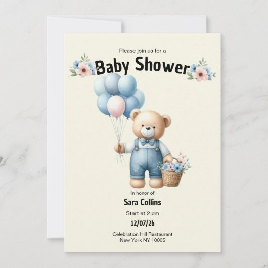Ivoorbruine teddybeer ballonnen bloem Baby shower Kaart (Voorkant)