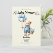 Ivoorbruine teddybeer ballonnen bloem Baby shower Kaart (Staand voorkant)