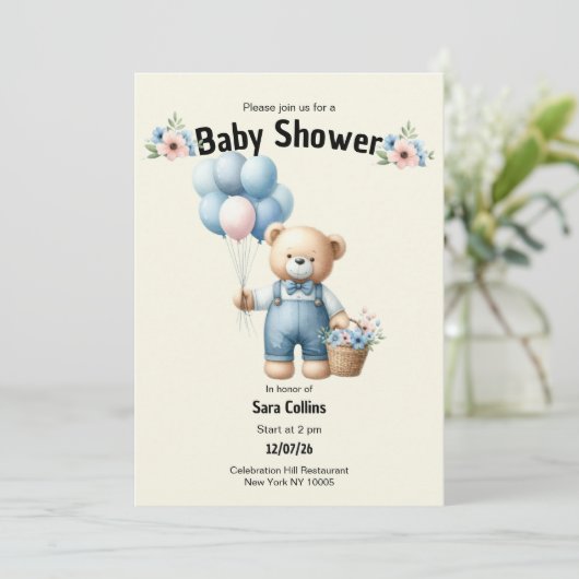 Ivoorbruine teddybeer ballonnen bloem Baby shower Kaart (Staand voorkant)