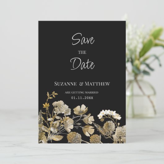 Ivoorbruine zwarte wilde bloem winter Save the Dat Kaart (Staand voorkant)
