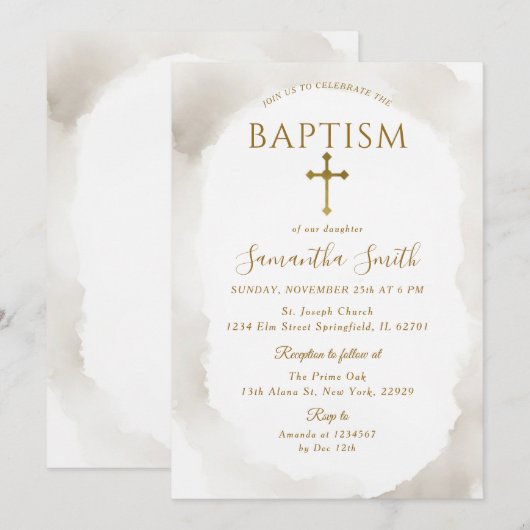 Ivoordoop Gouden Kruis Minimalistische Doop Kaart (Voorkant / Achterkant)