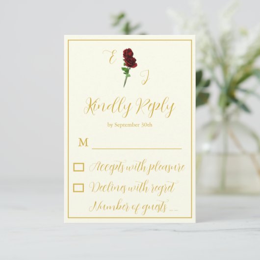 Ivoorgoud Roos bruiloft RSVP Kaartje (Staand voorkant)