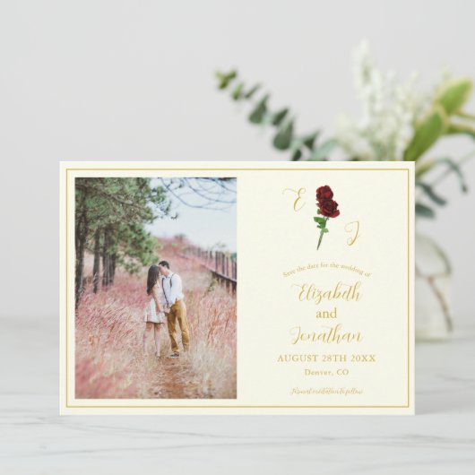 Ivoorgoud Roos bruiloft Save The Date (Staand voorkant)