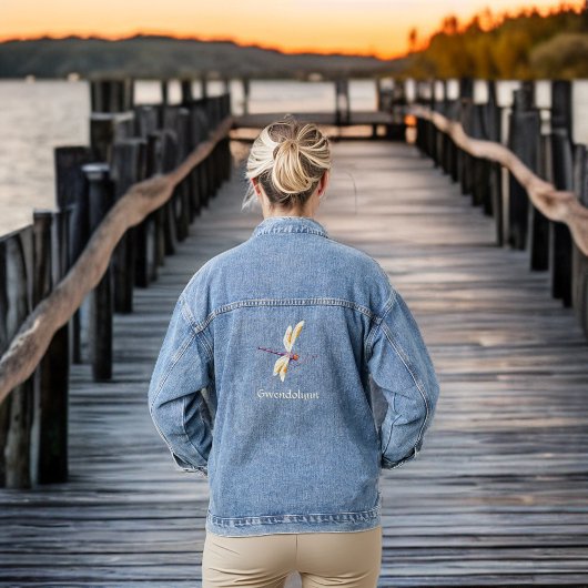 Ivoorgouden en Paarse Dragonfly met Monogram Naam Denim Jacket