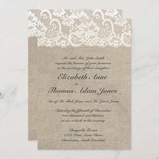 Ivoorkant en Burlap bruiloft uitnodiging (Voorkant / Achterkant)