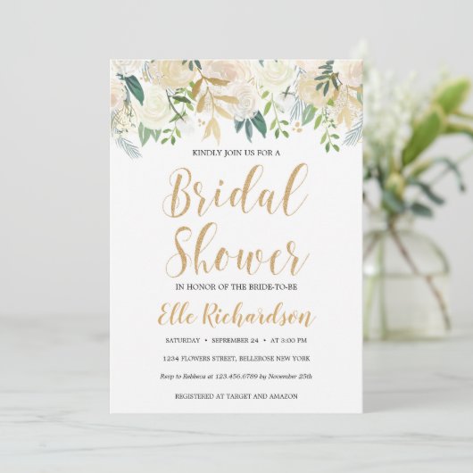 Ivoorkleurig bloemgoud glitter cream boho vrijgeze kaart (Staand voorkant)