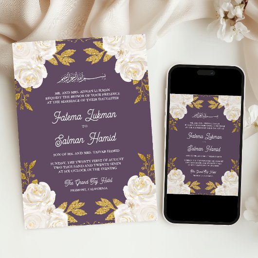 Ivoorkleurig Floral Gold Dusty Paarse Muslim Weddi Kaart