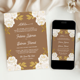 Ivoorkleurig Floral Goud Beige Moslim bruiloft Kaart