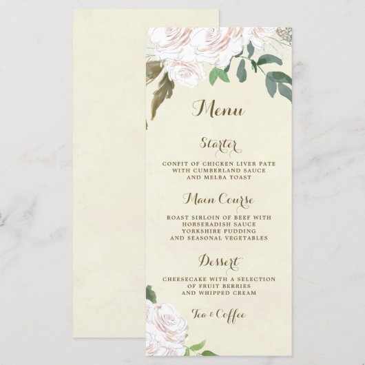 Ivoorkleurige bloemen elegante bruiloft menu kaart (Voorkant / Achterkant)