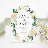 Ivoorkleurige bloemenkrans met groen Save the Date Aankondigingskaart