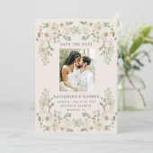 Ivoorkleurige bloementuin Elegant Save the Date (Staand voorkant)