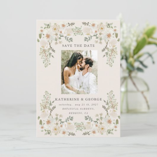 Ivoorkleurige bloementuin Elegant Save the Date (Staand voorkant)