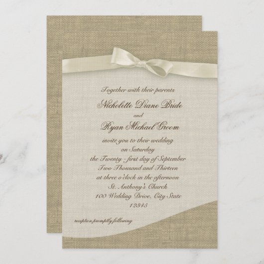 Ivoorlint en Burlap bruiloft Kaart (Voorkant / Achterkant)