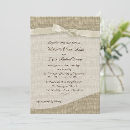 Ivoorlint en Burlap bruiloft Kaart (Staand voorkant)