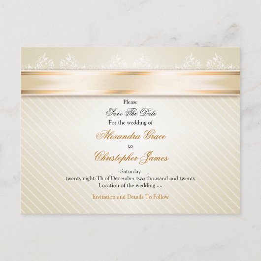 Ivoorlint gouden strepen bruiloft Save the Date Aankondigingskaart (Achterkant)