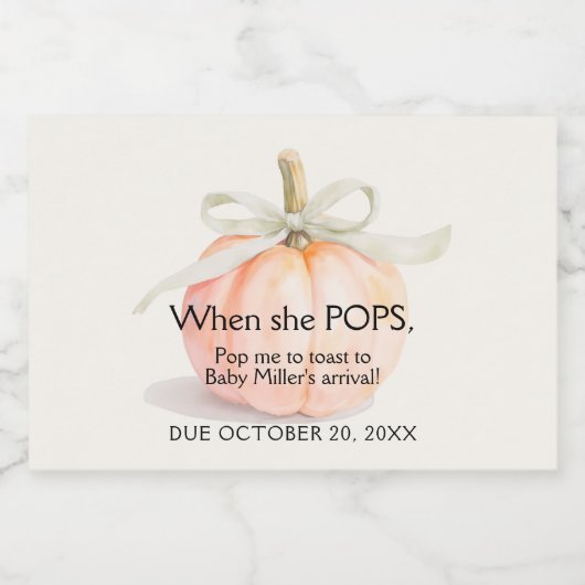 Ivoorlint pompoen Baby shower Mini Sparkling Wijnetiket (Enkel label)