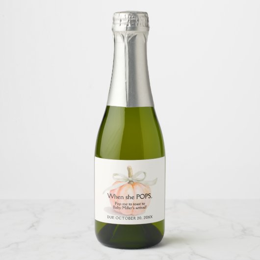 Ivoorlint pompoen Baby shower Mini Sparkling Wijnetiket (Voorkant)