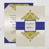 Ivoormarine en gouden damast bruiloft uitnodiging (Voorkant / Achterkant)