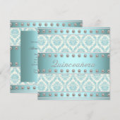 Ivoorparels Blauwgroen Blauw Wit Damask Quinceaner Kaart (Voorkant / Achterkant)