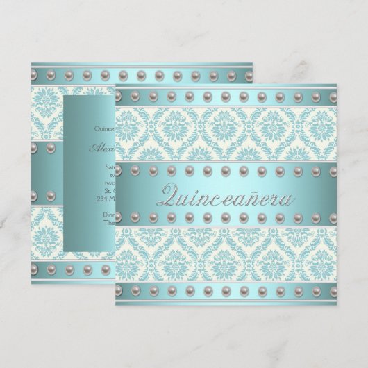 Ivoorparels Blauwgroen Blauw Wit Damask Quinceaner Kaart (Voorkant / Achterkant)