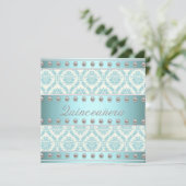 Ivoorparels Blauwgroen Blauw Wit Damask Quinceaner Kaart (Staand voorkant)