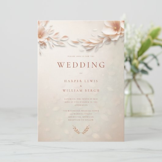 Ivoorperzik bloemen bruiloft kaart (Staand voorkant)