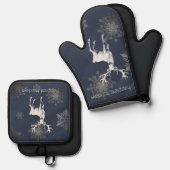 Ivoorrendier Kerstmis | Blauw Ovenwant & Pannenlap Set (Voorkant / Achterkant)